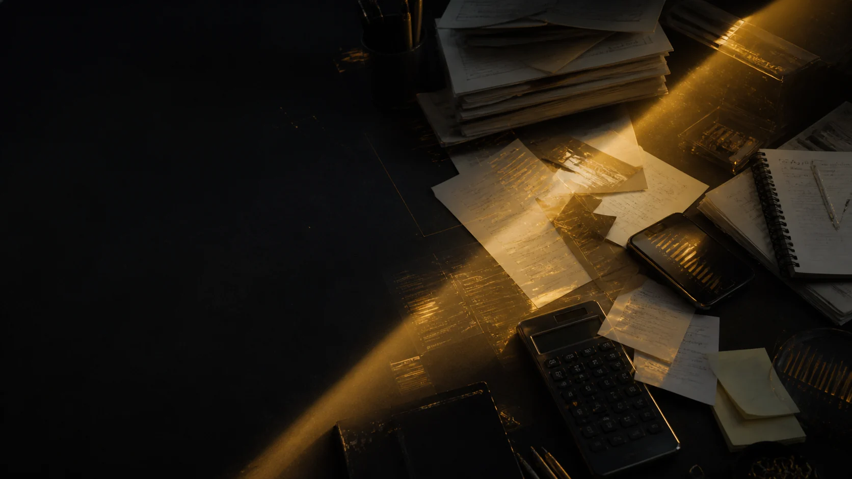 Mesa de trabalho escura com documentos dispersos atravessados por um feixe dourado