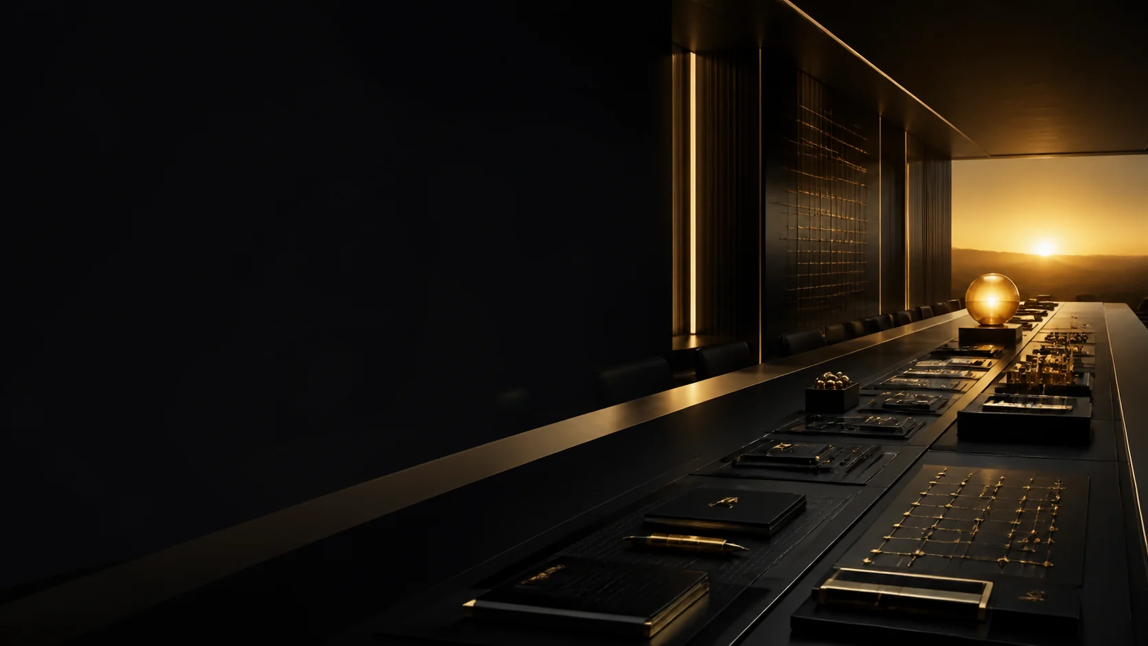 Mesa de decisão organizada em um ambiente preto iluminado por um horizonte dourado